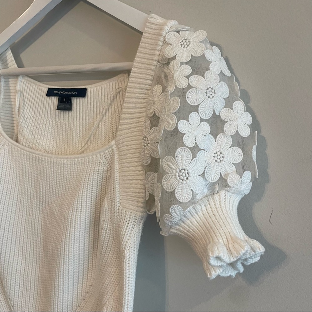 FRENCH CONNECTION Juliet Mozart Caballo Puff Sleeve Crop Sweater White Small - Picture 3 of 10